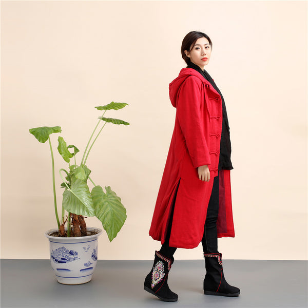 Women Retro Style Long Linen and Cotton Quilted Coat with Hoodie