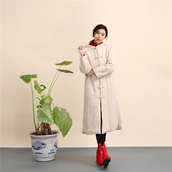 Women Retro Style Long Linen and Cotton Quilted Coat with Hoodie