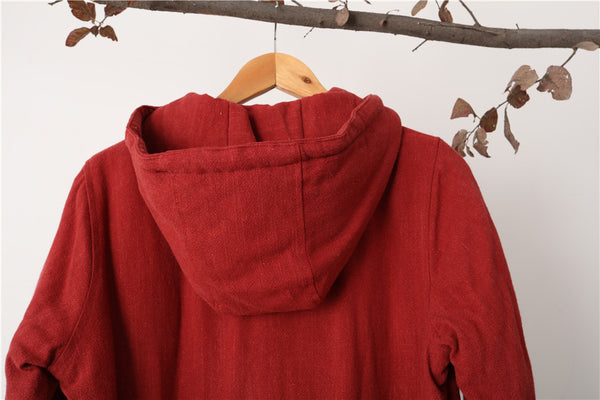 Women Retro Style Long Linen and Cotton Quilted Coat with Hoodie