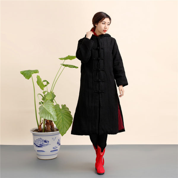 Women Retro Style Long Linen and Cotton Quilted Coat with Hoodie