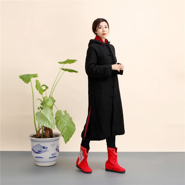 Women Retro Style Long Linen and Cotton Quilted Coat with Hoodie