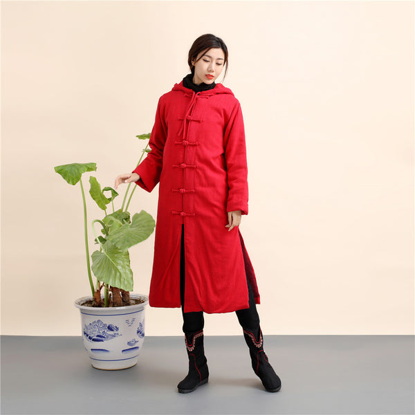Women Retro Style Long Linen and Cotton Quilted Coat with Hoodie