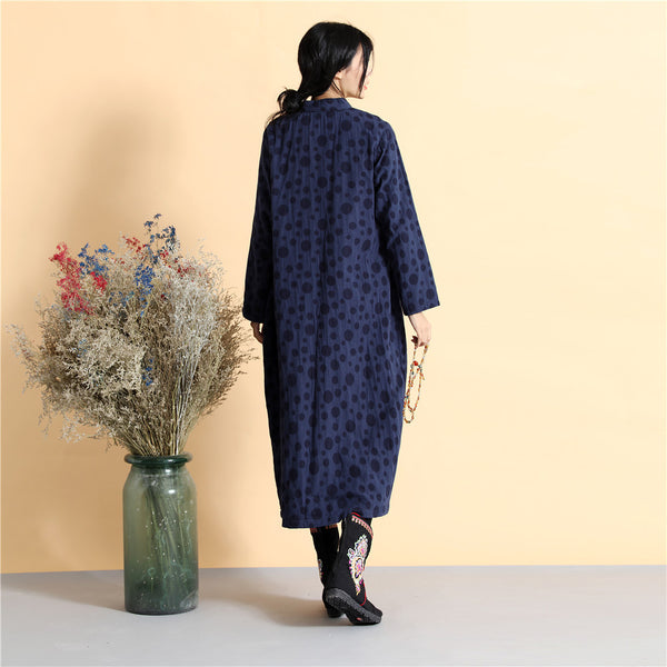 Women Asian Style Long Top Buckle Linen and Cotton Dress (inner with velvet)