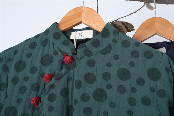 Women Asian Style Long Top Buckle Linen and Cotton Dress (inner with velvet)