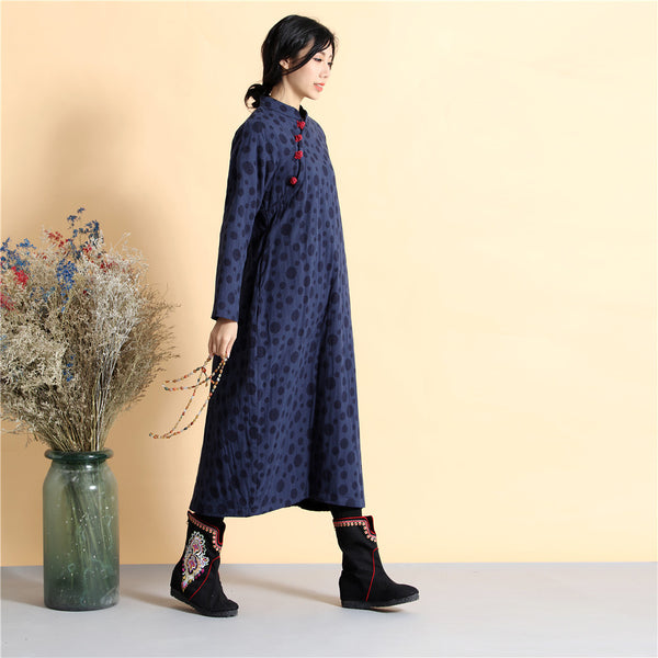 Women Asian Style Long Top Buckle Linen and Cotton Dress (inner with velvet)