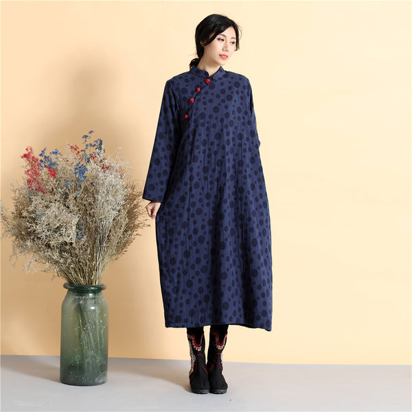 Women Asian Style Long Top Buckle Linen and Cotton Dress (inner with velvet)