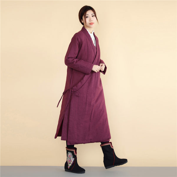 Women Asian Robes Style Causal Long Loose Linen and Cotton Quilted Coat