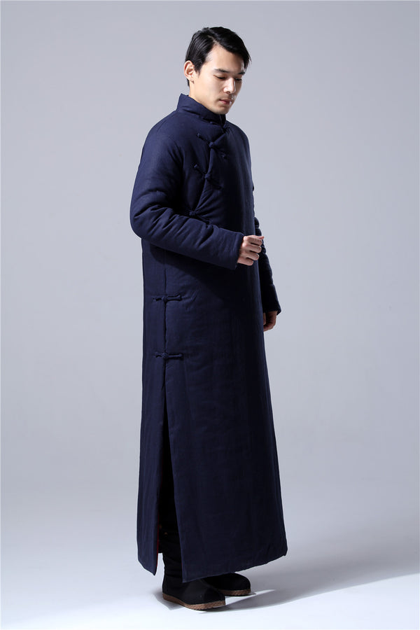 Men Chinese Traditional Style KungFu TaiChi Hanfu Quilted Linen and Cotton Long Tunic