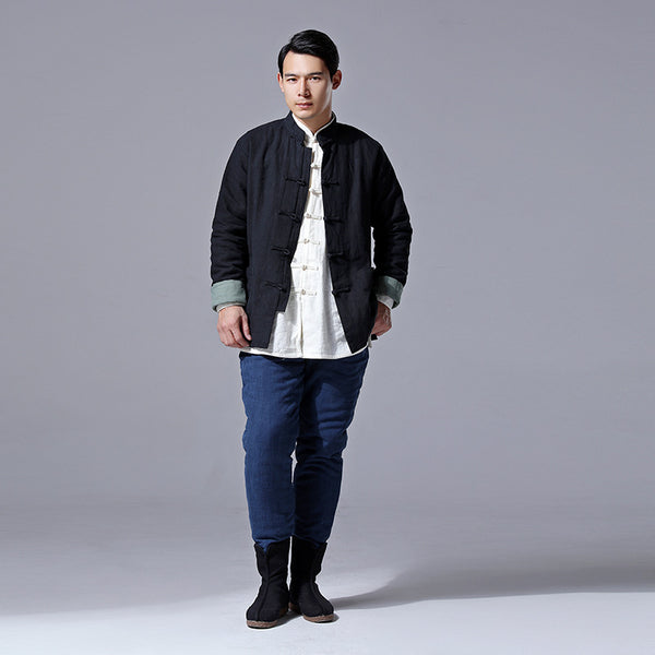 Men Retro Chinese Style Linen and Cotton Jacket (inner with velvet)