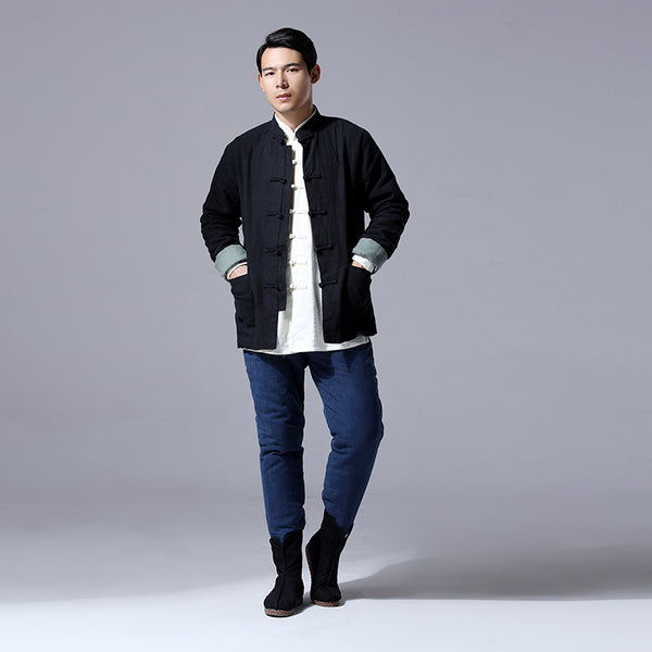 Men Retro Chinese Style Linen and Cotton Jacket (inner with velvet)