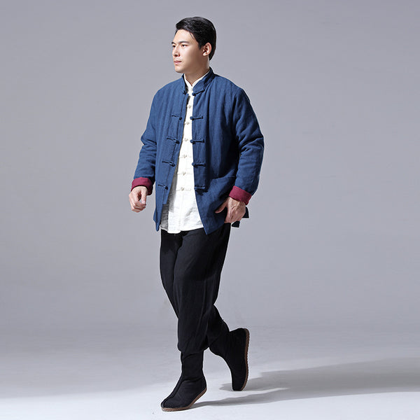 Men Retro Chinese Style Linen and Cotton Jacket (inner with velvet)