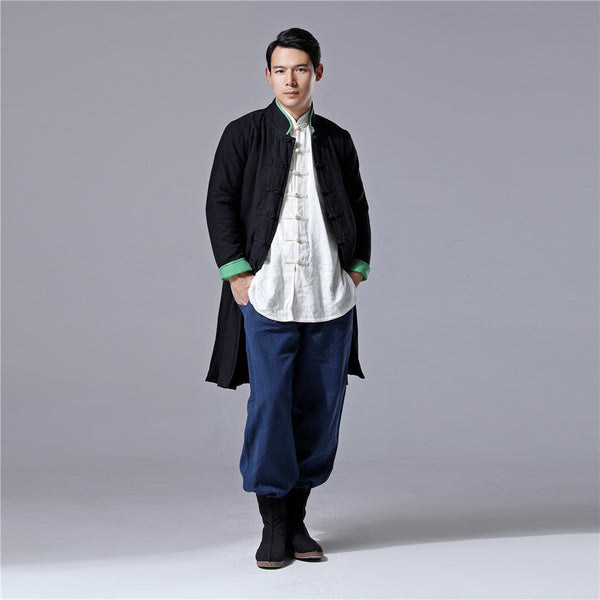 Men Chinese Traditional Style KungFu TaiChi Hanfu Linen and Cotton Tunic (Inside With Velvet)