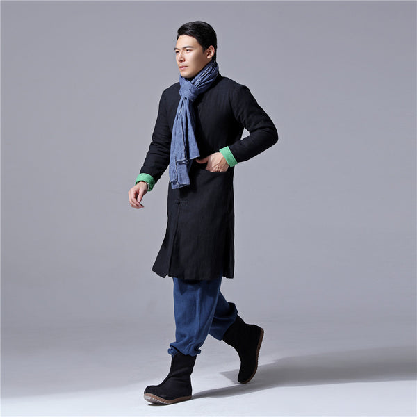 Men Chinese Traditional Style KungFu TaiChi Hanfu Linen and Cotton Tunic (Inside With Velvet)