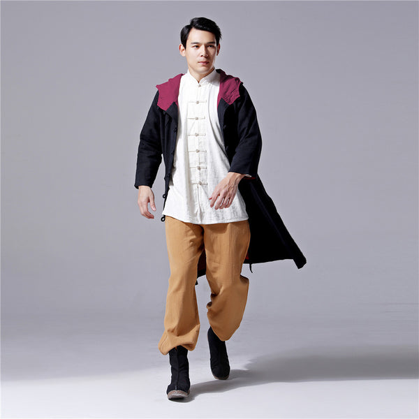 Men Simple Pure Color Witch Style Linen and Cotton Coat Hoodie (Black Color Only)