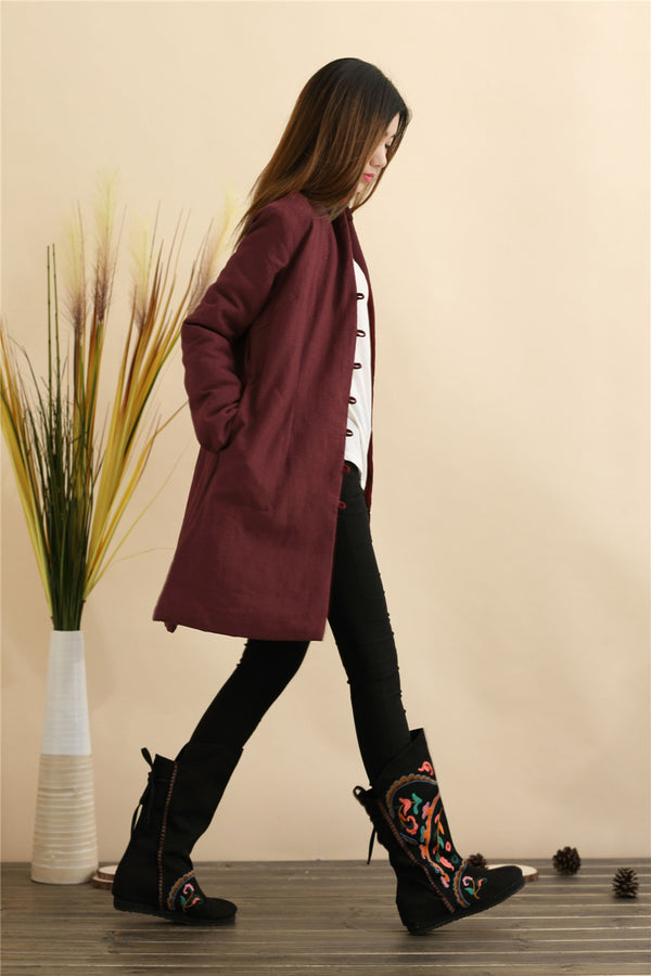 Women Pure Color Linen and Cotton Quilted Coat