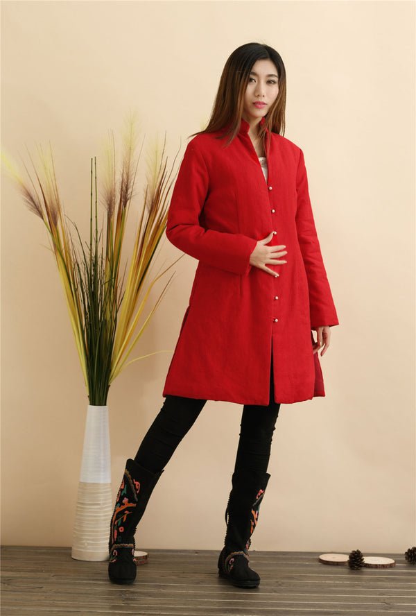 Women Pure Color Linen and Cotton Quilted Coat