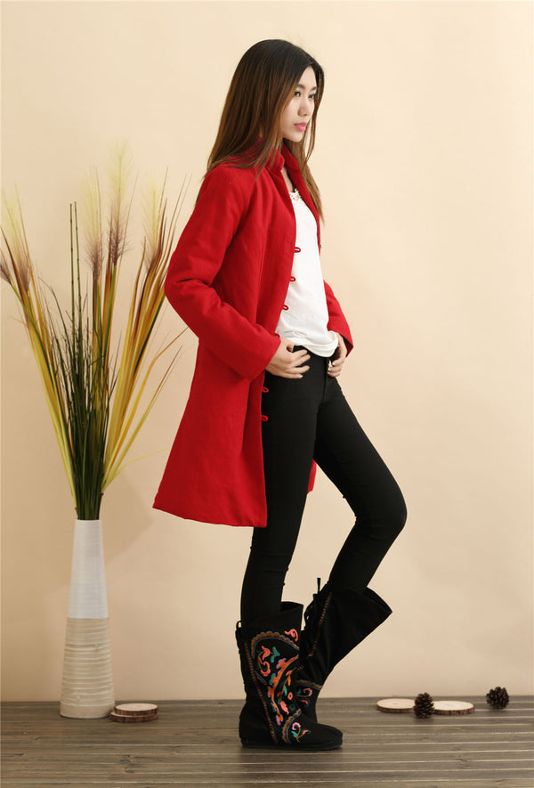 Women Pure Color Linen and Cotton Quilted Coat