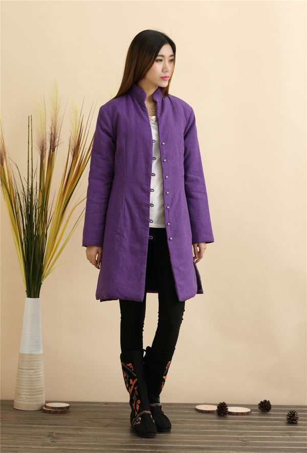 Women Pure Color Linen and Cotton Quilted Coat