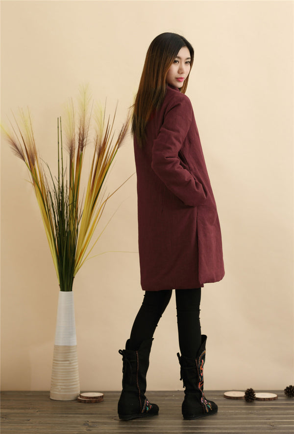 Women Pure Color Linen and Cotton Quilted Coat
