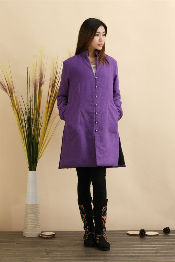 Women Pure Color Linen and Cotton Quilted Coat