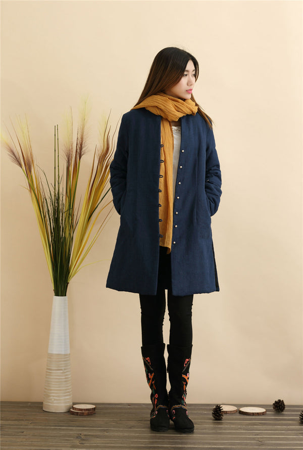 Women Pure Color Linen and Cotton Quilted Coat