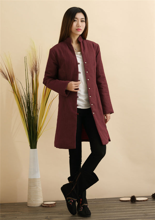 Women Pure Color Linen and Cotton Quilted Coat