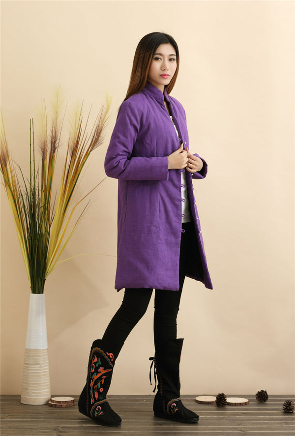 Women Pure Color Linen and Cotton Quilted Coat