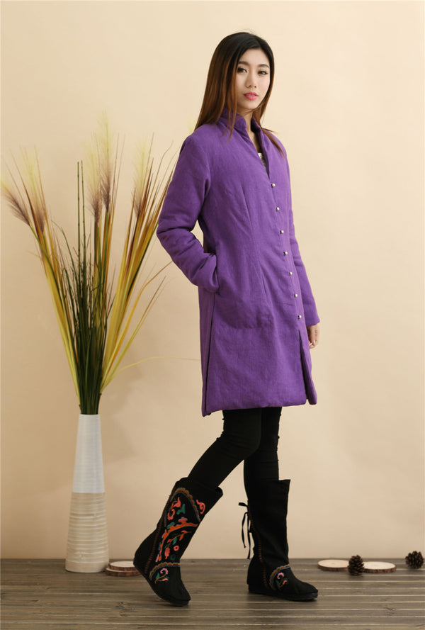Women Pure Color Linen and Cotton Quilted Coat