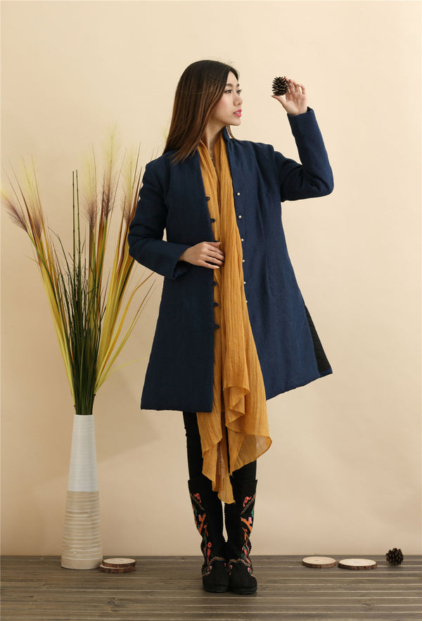 Women Pure Color Linen and Cotton Quilted Coat