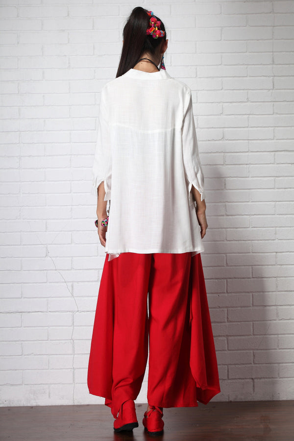 Women Causal Style Loose V Collar Long Sleeve Linen and Cotton Blouses