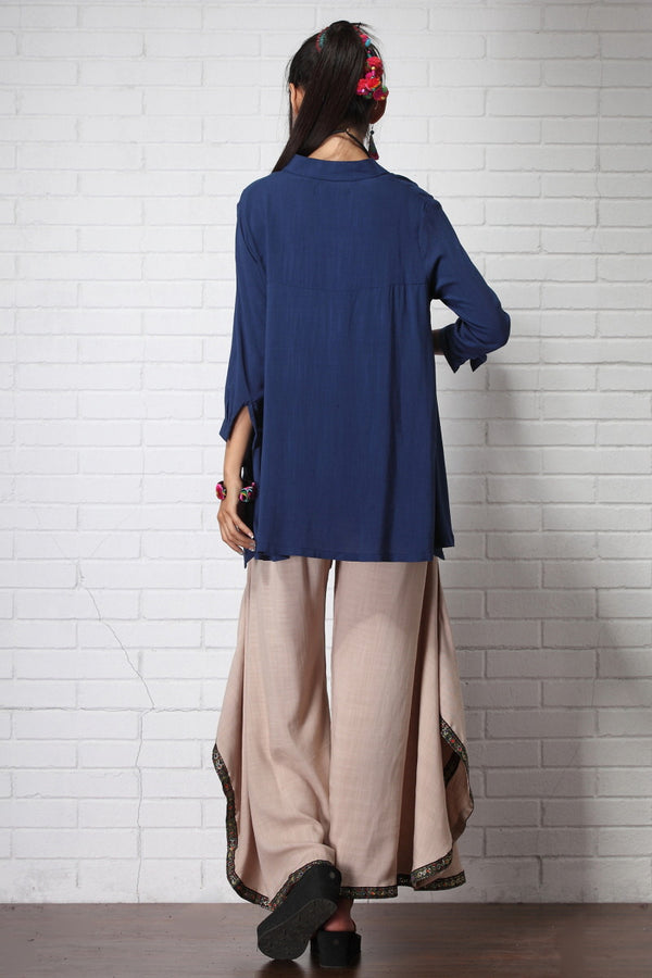 Women Causal Style Loose V Collar Long Sleeve Linen and Cotton Blouses