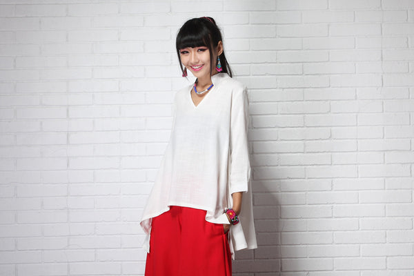 Women Causal Style Loose V Collar Long Sleeve Linen and Cotton Blouses