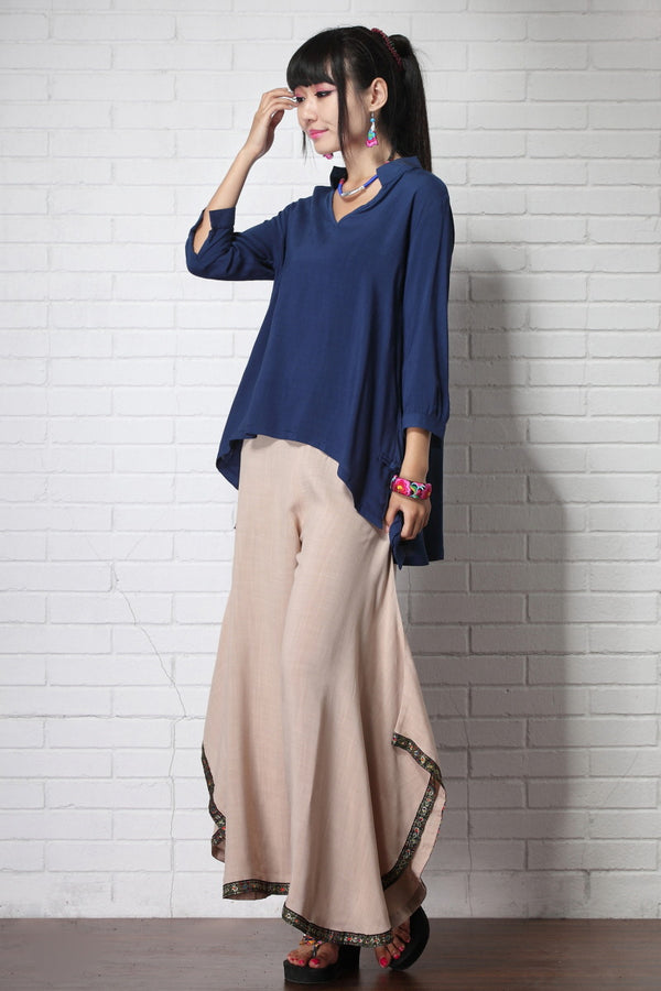 Women Causal Style Loose V Collar Long Sleeve Linen and Cotton Blouses