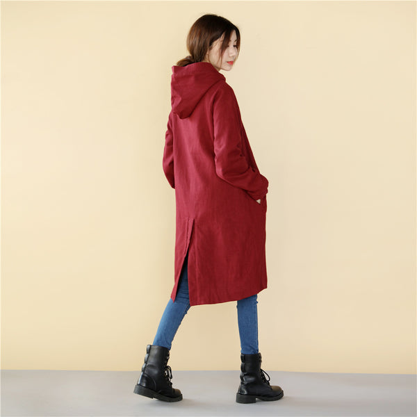 Women Simple Pure Color Linen and Cotton Knee Length Coat with Hoodie