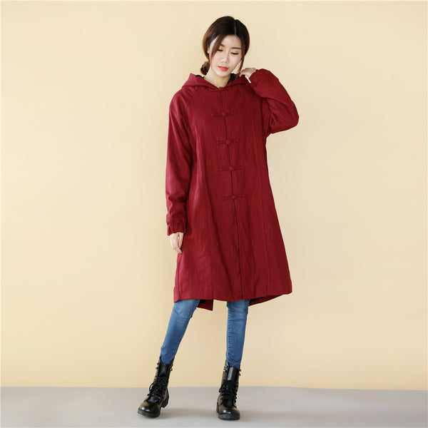 Women Simple Pure Color Linen and Cotton Knee Length Coat with Hoodie