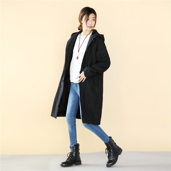 Women Simple Pure Color Linen and Cotton Knee Length Coat with Hoodie