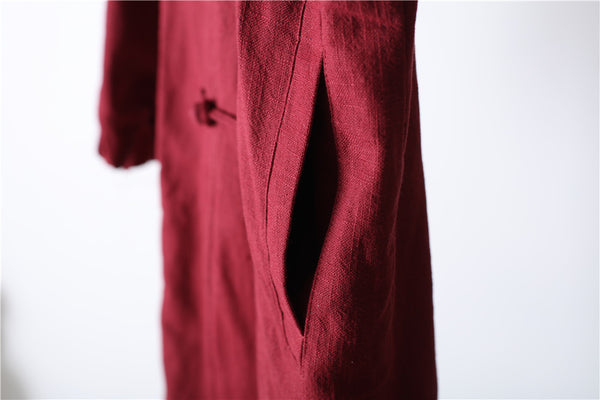 Women Simple Pure Color Linen and Cotton Knee Length Coat with Hoodie