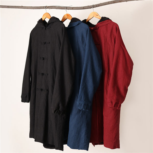 Women Simple Pure Color Linen and Cotton Knee Length Coat with Hoodie