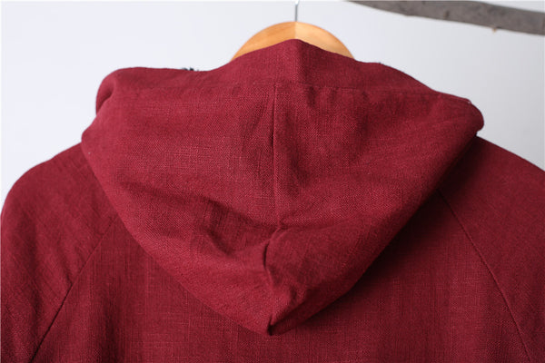 Women Simple Pure Color Linen and Cotton Knee Length Coat with Hoodie