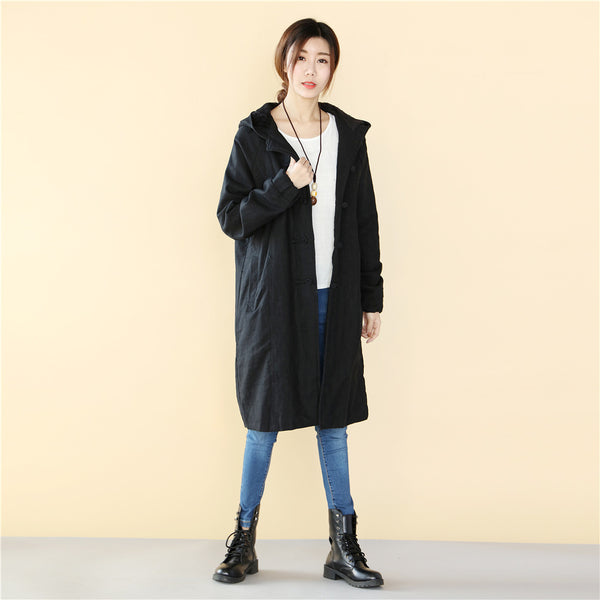 Women Simple Pure Color Linen and Cotton Knee Length Coat with Hoodie