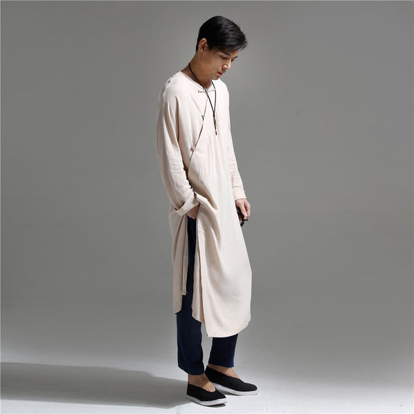 Men Chinese Traditional Causal Style Kung Fu Tai Chi Hanfu Linen and Cotton Long Cheongsam