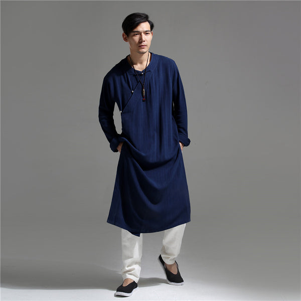 Men Chinese Traditional Causal Style Kung Fu Tai Chi Hanfu Linen and Cotton Long Cheongsam
