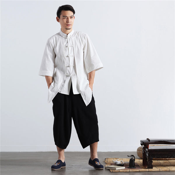 Men White Thin Zen Style Linen and Cotton Short Sleeve Tops