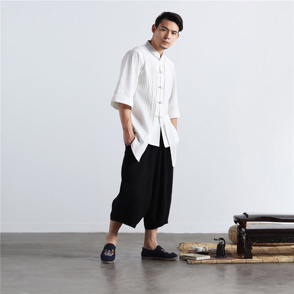 Men White Thin Zen Style Linen and Cotton Short Sleeve Tops
