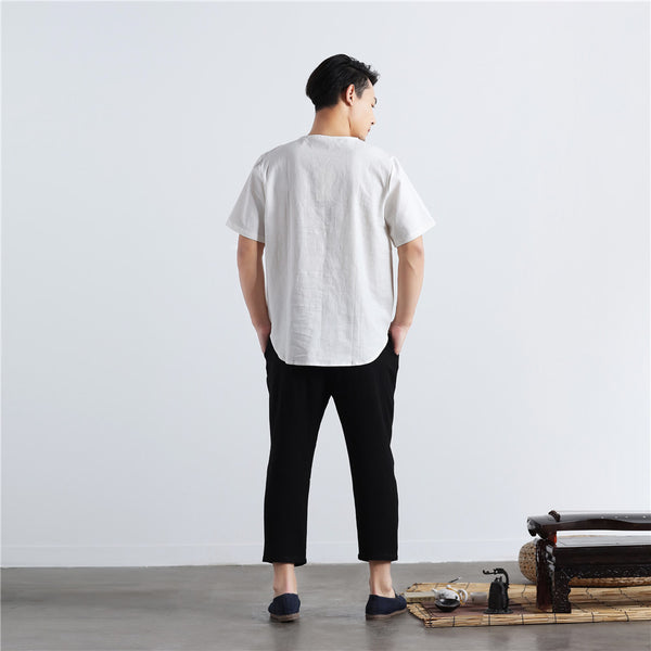 Men Buckle Zen Style Linen and Cotton Short Sleeve Tops