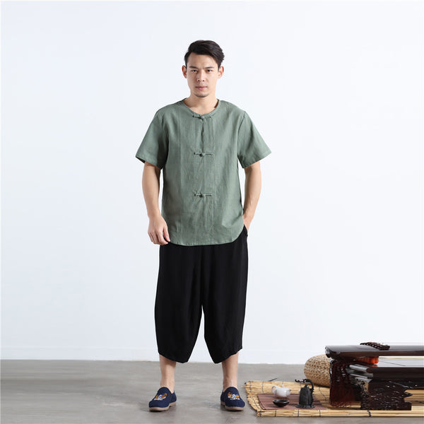 Men Buckle Zen Style Linen and Cotton Short Sleeve Tops