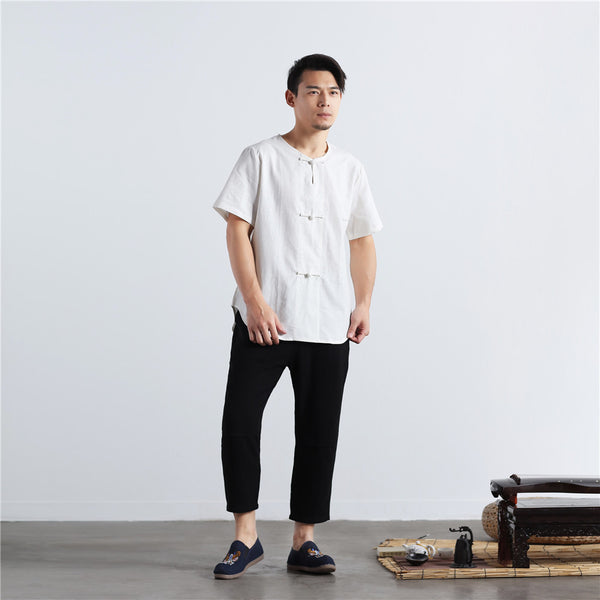 Men Buckle Zen Style Linen and Cotton Short Sleeve Tops