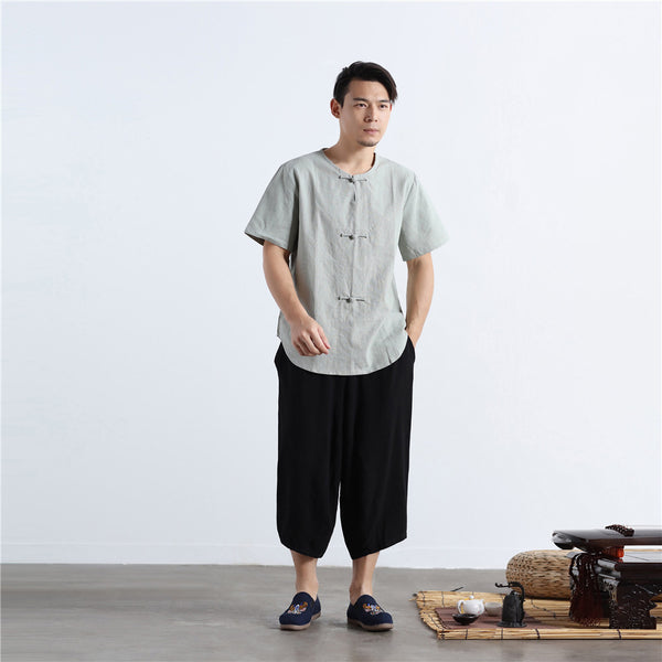 Men Buckle Zen Style Linen and Cotton Short Sleeve Tops