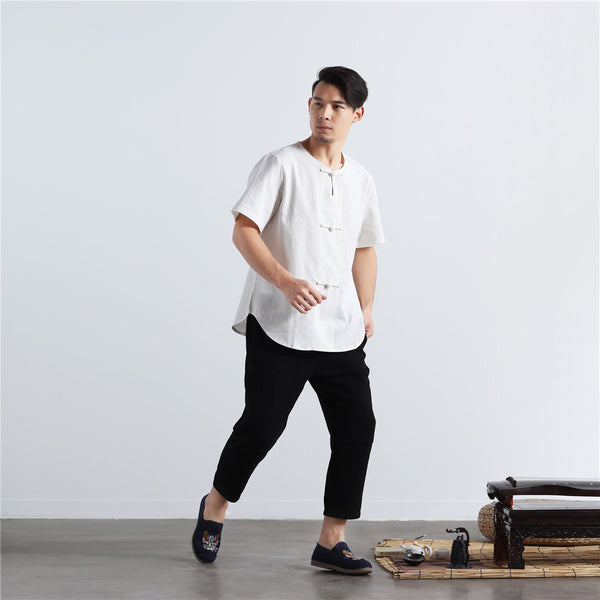 Men Buckle Zen Style Linen and Cotton Short Sleeve Tops