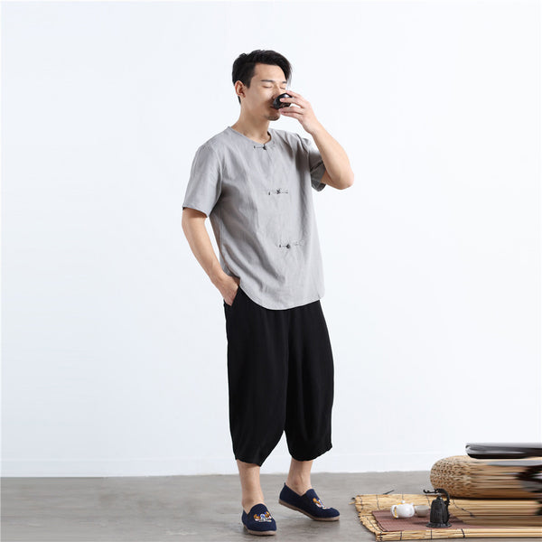 Men Buckle Zen Style Linen and Cotton Short Sleeve Tops